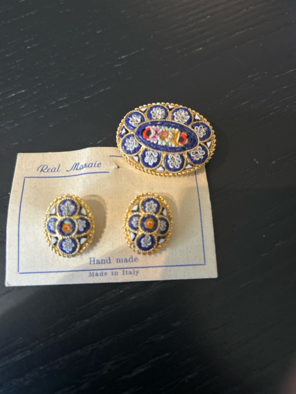 Handmade Blue Micro-Mosaic Brooch and Earring Set - Italy